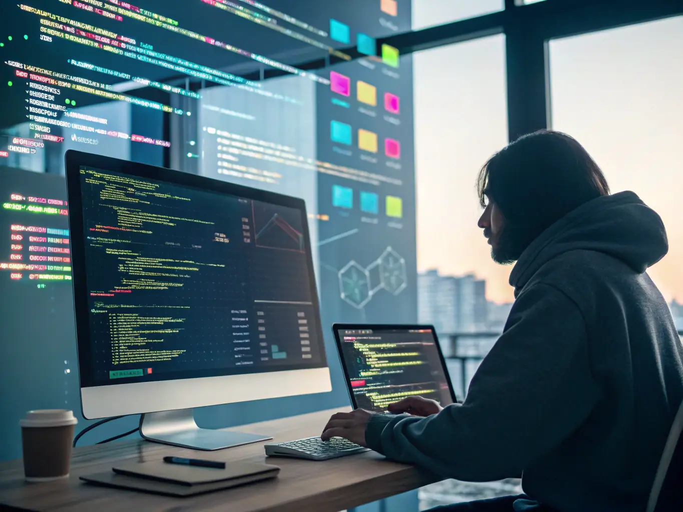 A developer working on code with performance metrics displayed on a monitor, illustrating Technique Mastery's Web Development & Optimization service.